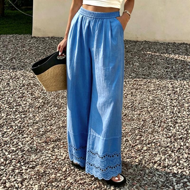 Pantalon d'été en coton et lin pour femmes, jambes larges, couleur unie, garniture en dentelle, ample, décontracté, Vintage, taille moyenne, Long