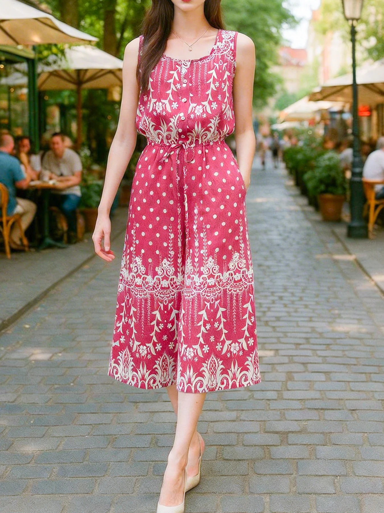 Women's Fuchsia White Polka Dot Floral Print Sleeveless Jumpsuit WaistTie WideLeg Resort 261015
