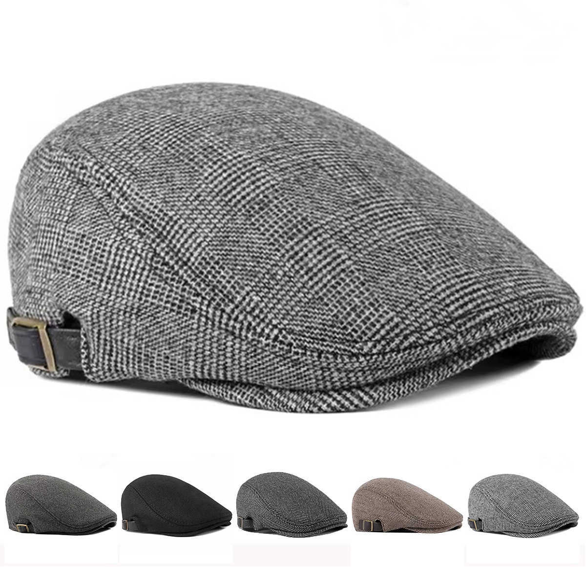Plaid Men Flat Cap Wool Blend Ivy Newsboy Hat Adjustable Buckle Beret Cap Retro Driving Cabbie Hat Casual Autumn Winter Headwear S261016Z647