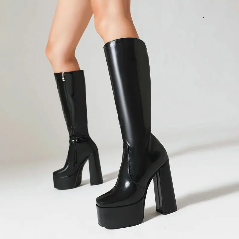 Womens Black Red Patent Leather Knee High Boots Platform Chunky Block Heel Side Zip Square Toe Booties Nightclub Dance Booties 261016