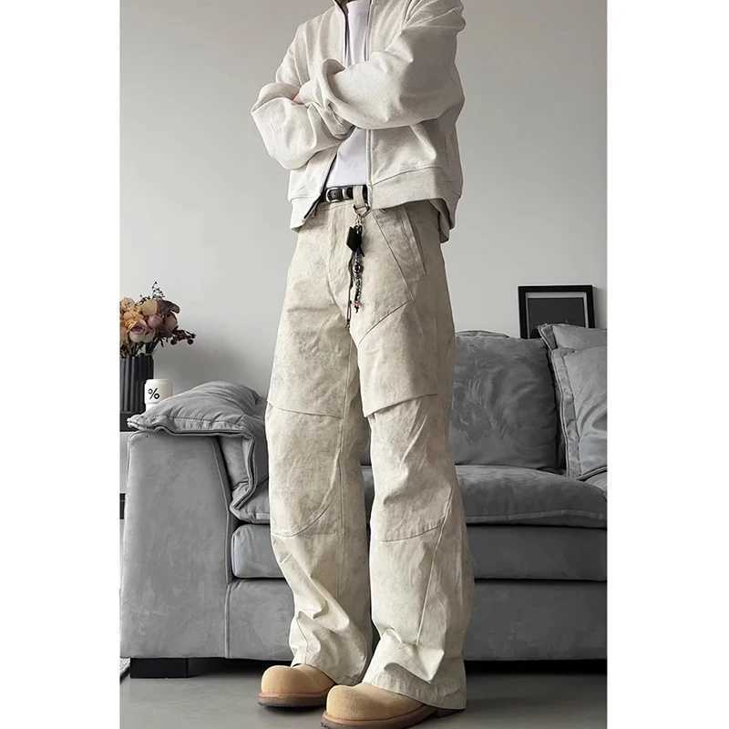 Men's Jeans Apricot Baggy Cargo Pants Men's High Rise Trousers Straight Wide Leg Oversize Pants 2025 Summer Aesthetics Vintage Y2K 90s jea
