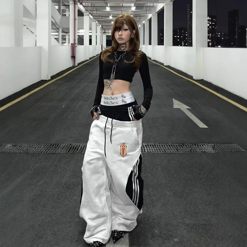 Designer unisexe surdimensionné streetwear faux deux pièces double taille pantalons de survêtement unisexe trois bandes couleur bloc jambe large