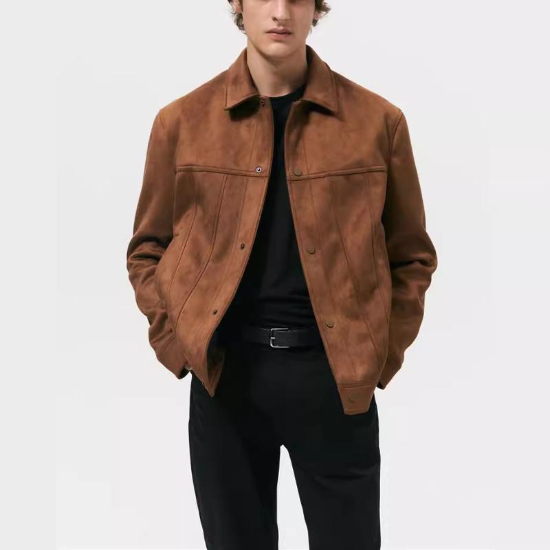 Veste à revers en daim pour hommes, décontractée, fermeture éclair, manches longues, vêtements d'extérieur, ourlet côtelé, couleur unie, printemp