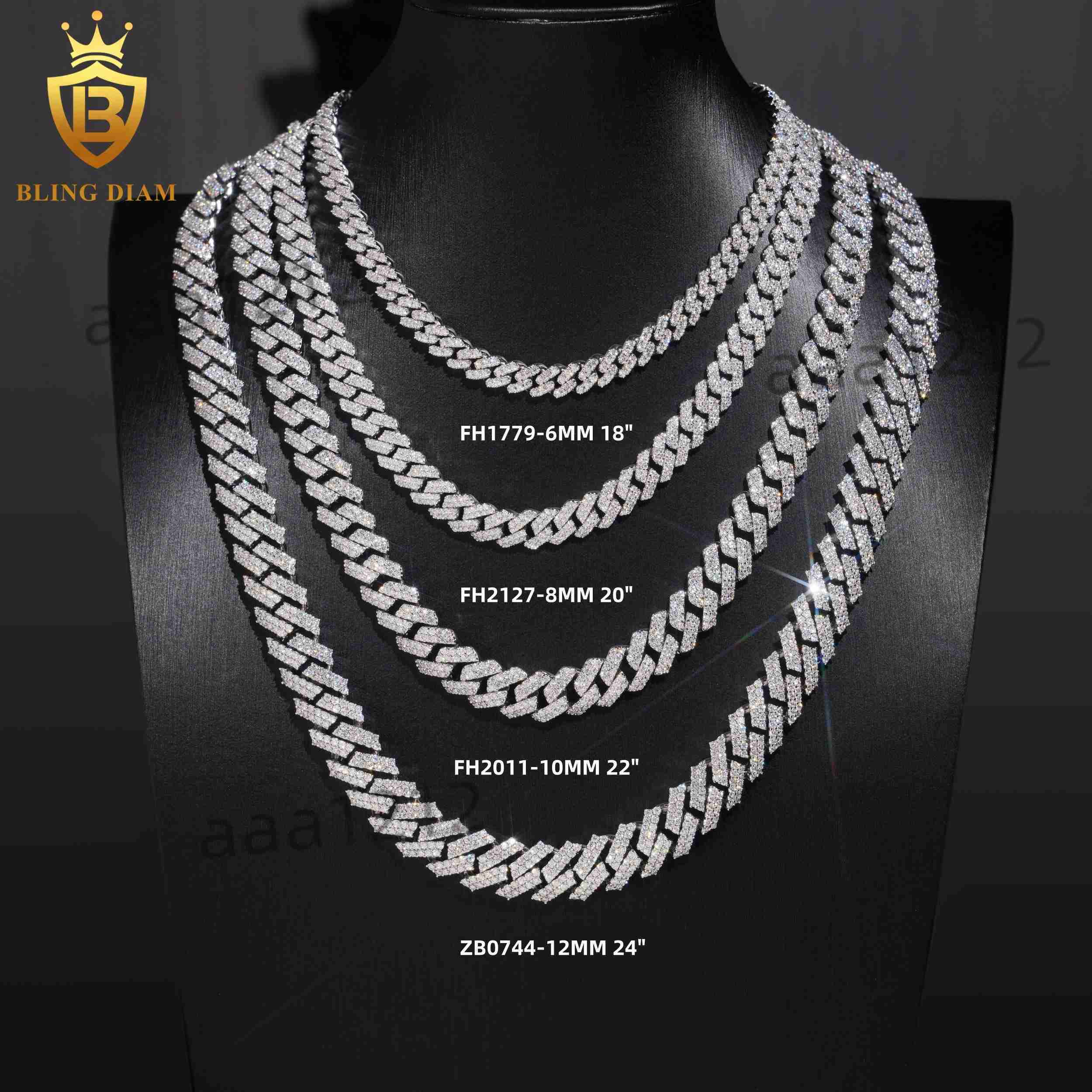 Iced Out VVS Moissanite Cuban Link Chain Necklace Bracelet 6mm 8mm 10mm 12mm 925 Silver Pass Diamond Test Hip Hop GRA