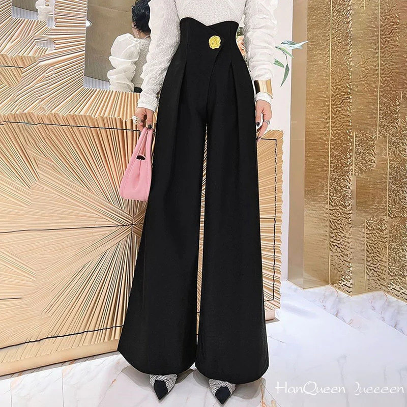 2026 Spring Autumn Temperament WideLeg Pant's Straight One Buckle High Waist Suit Fashion Black Brown Trousers 261015