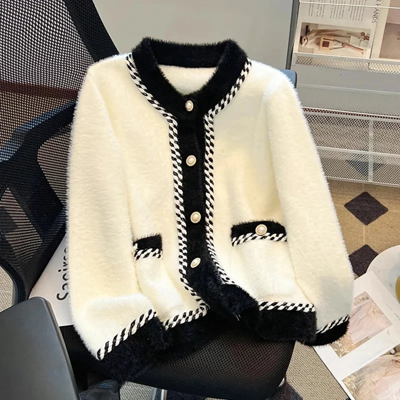 Fashion Contrast knitted Cardigan Sweater Women 2026 Autumn Winter Elegant Mink Coat Female Knitwear Tops Outerwea 261015