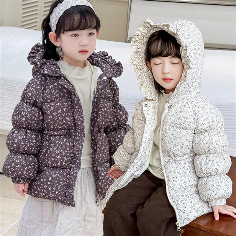 Girls Floral Down Coats Kids Thicken Hooded Jackets Winter Children Padded Warm Clothing Baby Princess Fashion Printed Outerwear 261016
