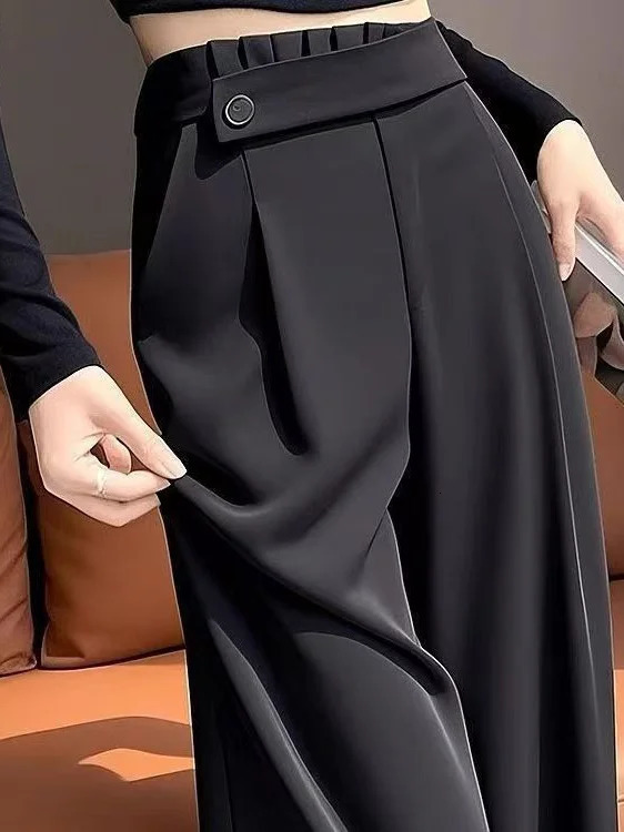 Elegant Black Suit Wide Leg Straight Cut Pant's High Waist Spring Autumn Casual Trousers Draping Sensation 261015