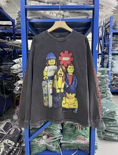 Designer Shirt Men Washed Cartoon Printing With Long Sleeves T Shirt Men Women Autumn Best Quality Tops Tee High Street T Shirt Size S-Xl