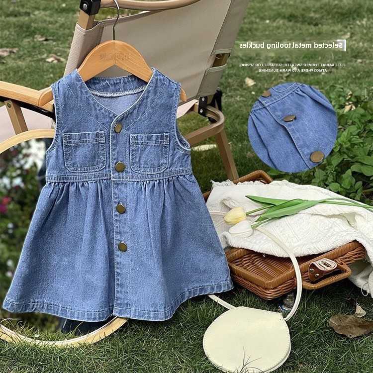Korean Fashion Style Girls Sleeveless Denim A-Line Dress Solid Color V Neck Children's Clothes Summer Casual Kids Shirt Dress S261016QY01