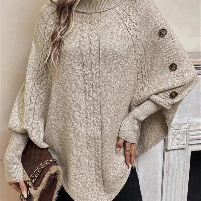 Femmes col roulé câble tricot Poncho pull manches chauve-souris bouton décor surdimensionné coupe ample tricot pull décontracté chaud haut en tri