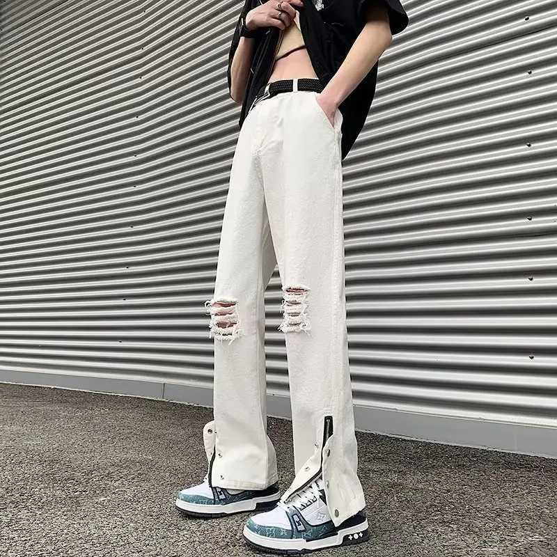 Men's Jeans Y2K Techwear Spring New Mens Hole Denim Trousers Fashion Ripped White Jeans Hip Hop Vintage Jean Man Zip Up Casual Jean Homme T2610