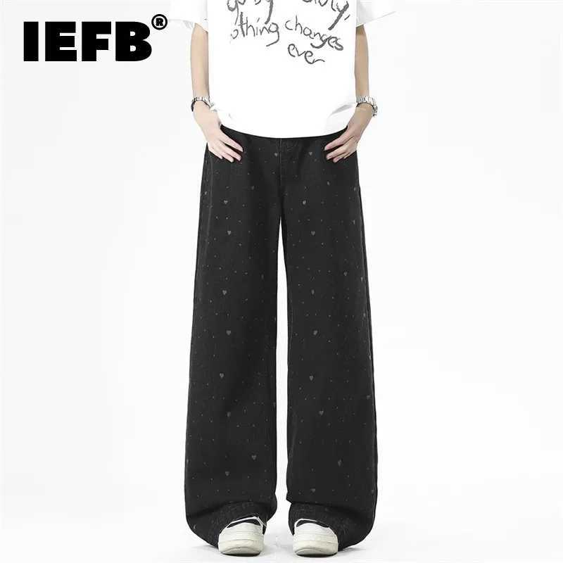 Men's Jeans IEFB Y2K Men's Heart Polka Dot Jeans Black Washed Wide Leg Baggy Faded Print Casual Streetwear Premium Denim Pants 9X3076T2610