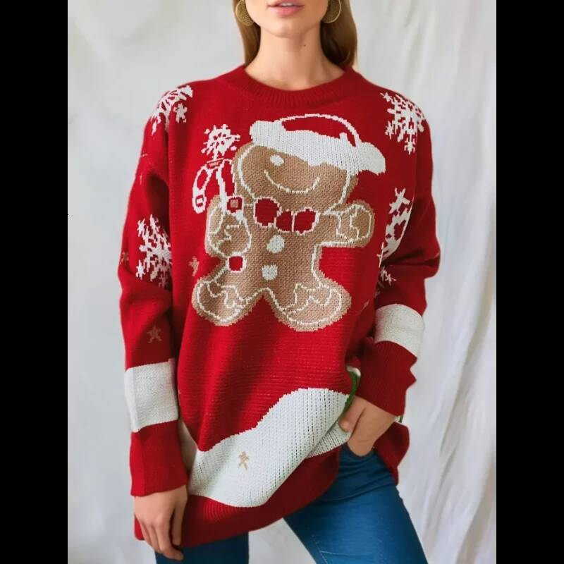 Christmas Snowman Print Round Neck Long Sleeve Knitted Pullover Sweater Women Winter Autumn Casual Fashion Jumper Top