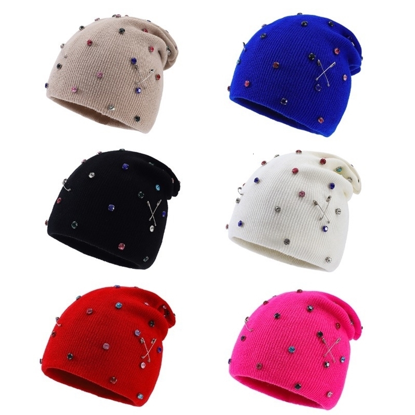 Slouchy Knit Beanie Colorful Rhinestone Safety Pin Decor Y2K Style Stretchy Skull Hat Party Club StreetFashion Winter Headwear 261012