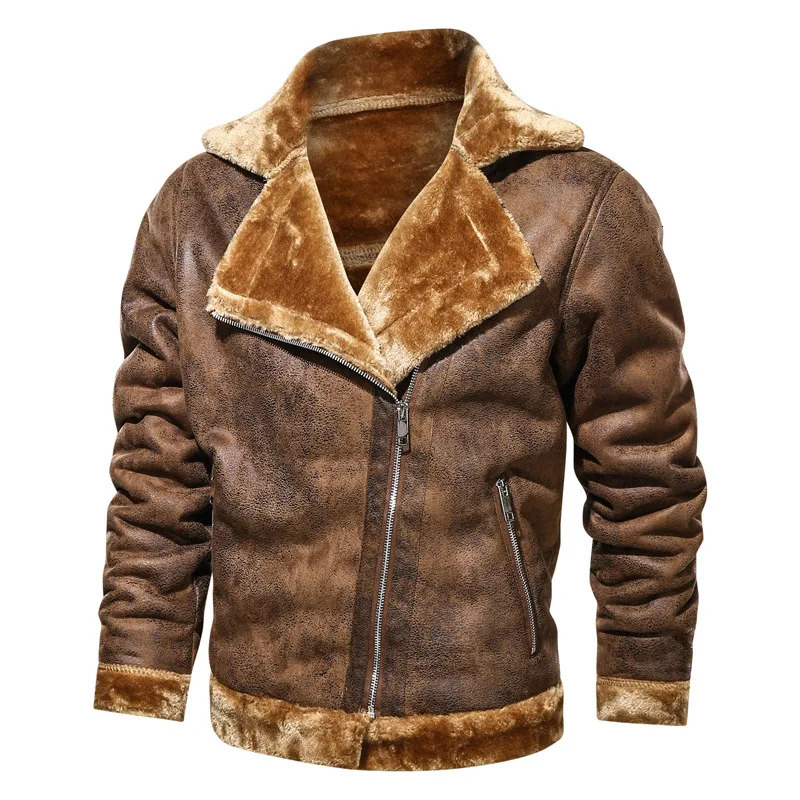 Men Biker Jacket Winter Men's Fur Leather Coat Male Retro Suede Streetwear Thicken Bomber 261014