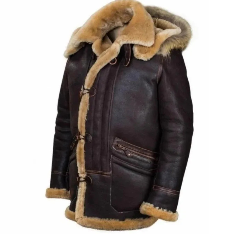 Fashion Men's Coats Winter Jackets Fur Faux Leather Plush Turndown Collar Zipper PU Men Clothing Black 261014