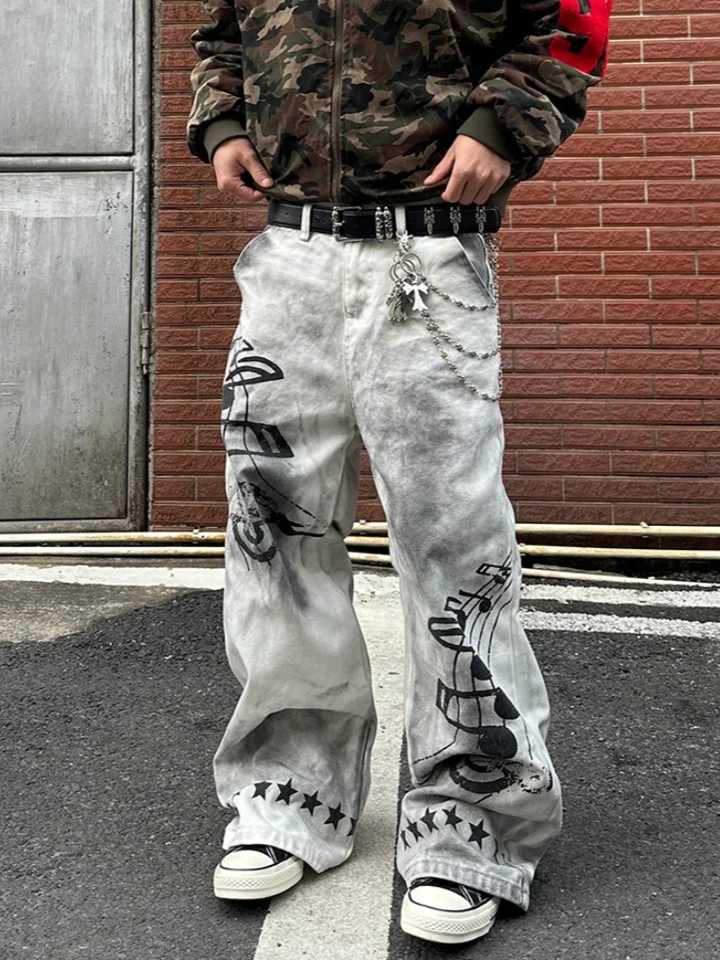Men's Jeans 2026 American Retro Y2K Style Dirty Washed White Baggy Jeans Pants For Men Clothing Star Printed Straight Cotton Long TrousersT2610