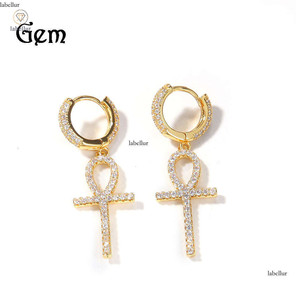 Hot Sale New Hip Hop Street Style Punk Full Diamond Ankh Cross Earrings Trendy Ear Jewelry e