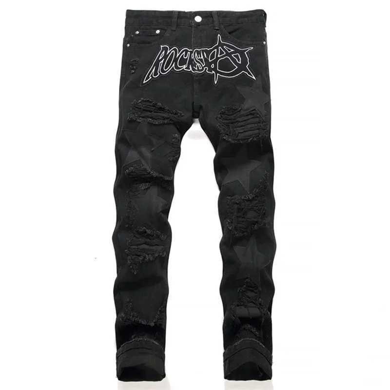 Men's Jeans Autumn And Winter Retro Black Ripped Jeans Men'S Straight Leg Pants Pentagram Patch Casual Jeans PantsT261016