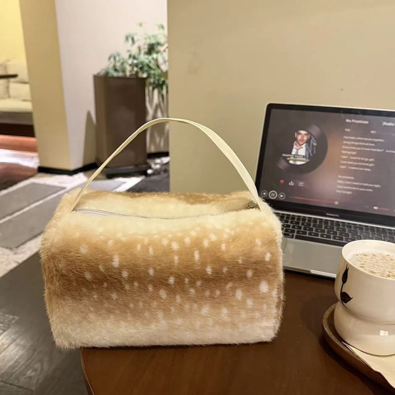 Faux Fur Tote Bag Deer Spot Print Lightweight Large Capacity Shopping Bag Plush Fashion Casual Shopping Handbag 261016