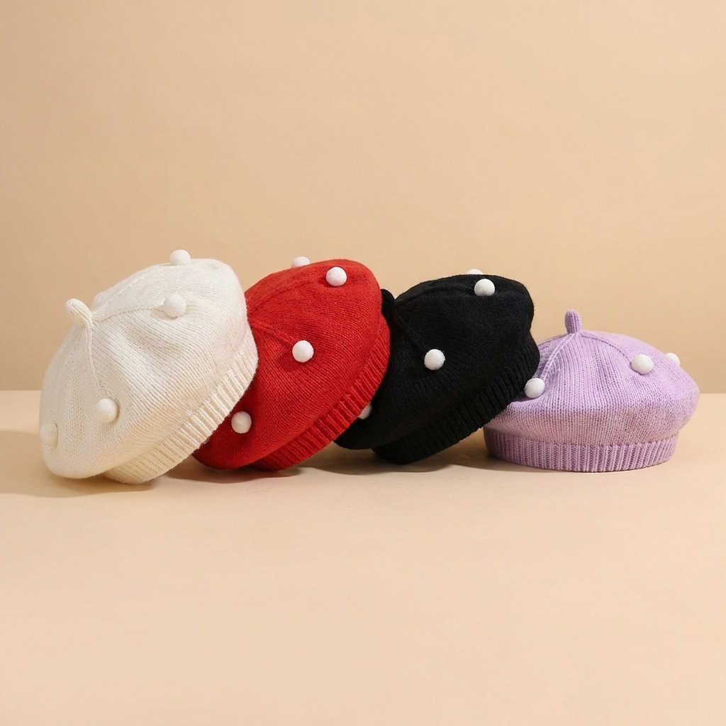 Soft Warm Knitted Stretchy Breathable Baby Beret Hat with Pom Poms Infant Toddler Boys Girls Winter Beanie Hat S261016MNXU