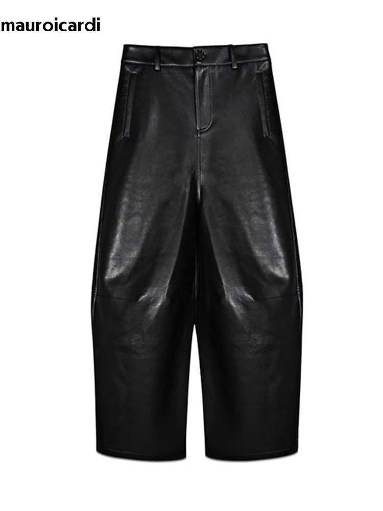 Men's Jeans Mauroicardi Spring Autumn Cool Long Baggy Black Pu Leather Wide Leg Pants for Men Low Waist Luxury Designer Streetwear ClothesT2610