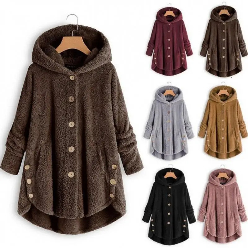 Fashion Autumn Winter Womens Solid Button Coats Ladies Warm Teddy Bear Loose Outwear Female Plush Coat Hooded Plush Jackets 261016
