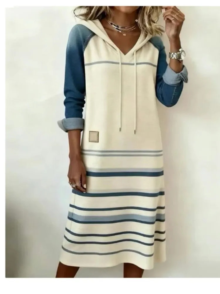 Fashion Denim Color Block Women's Hoodie Dress Casual Contrast Long Sleeve Striped Print Female Sweatshirt Hooded Dresses 261015