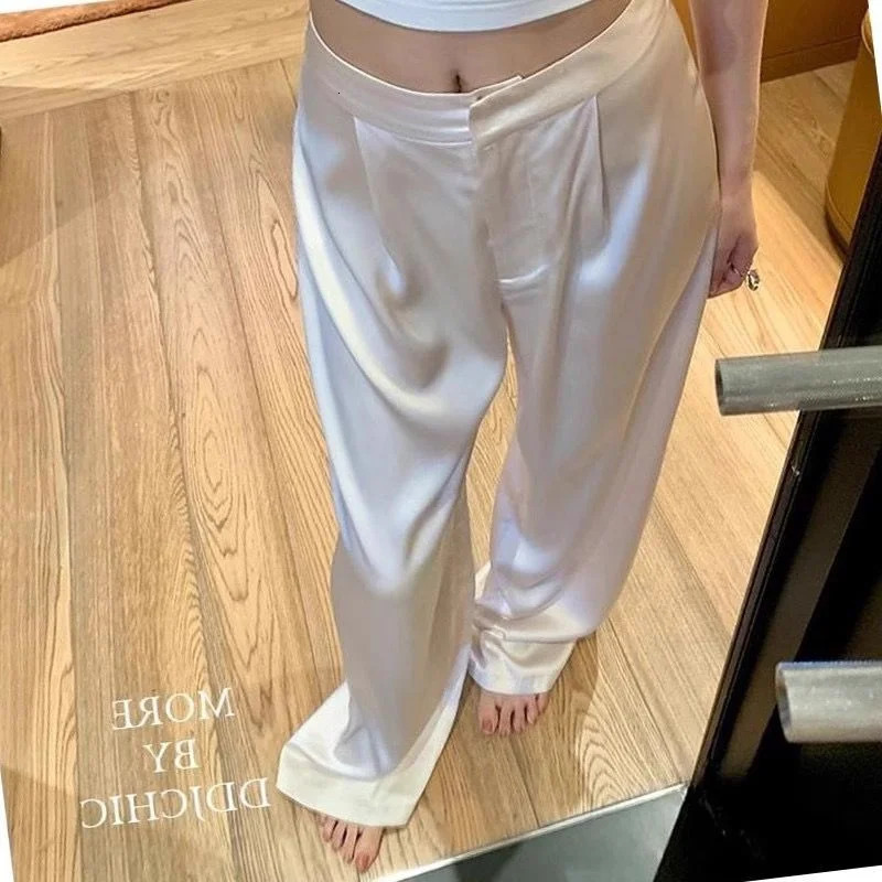 Summer y Silk Satin Pants Elegant Office Lady Suit Solid Color High Waist Pleated Wide Leg Casual Baggy Trouser 261015