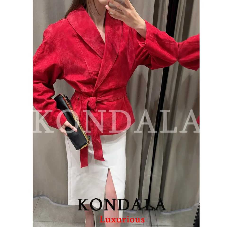 Casual KONDALA Streetwear Men's Jackets Chic Red Women Suede Jacket Sashes Pockets Long Sleeve Jacket Fashion 2026 Autumn Winter Warm Jacket N2