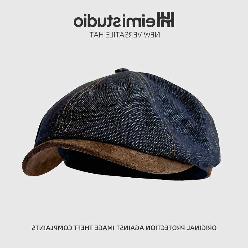 Washed New Distressed Vintage Denim Patchwork Beret Painter Hat S2610169K59