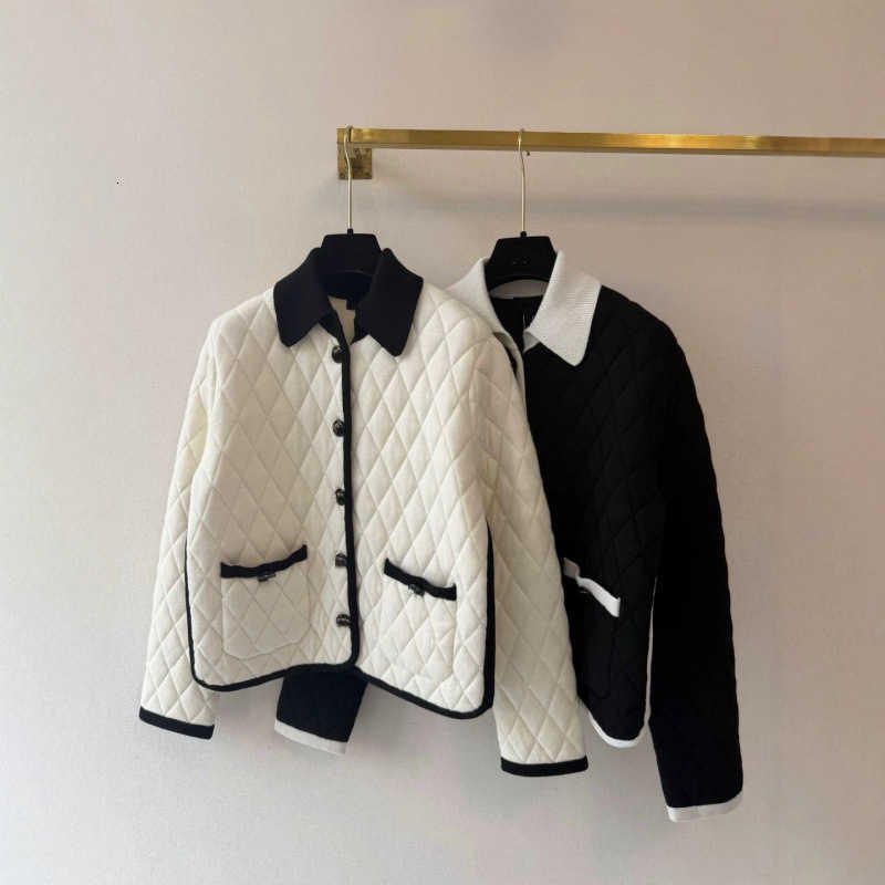 designer Women's Jackets CH brand premium early autumn collection: color-blocked diamond-patterned knit cardigan with a stand-up collar and lon