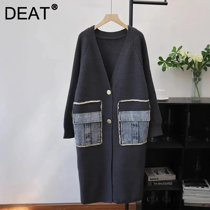 DEAT 2026 Autumn Winter Long Spliced Denim Pocket Sweater Coat For Women Loose Style Knitted Cardigan Female 11A06738 261015