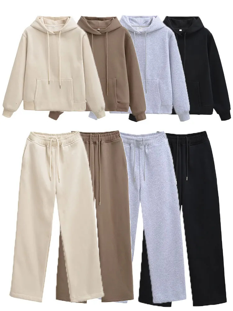 HH Women Casual Solid Hoodies Pants Sets Long Sleeve Pullover Sweatshirts Coat Drawstring Wide Leg Trousers Office Lady Suits 261016