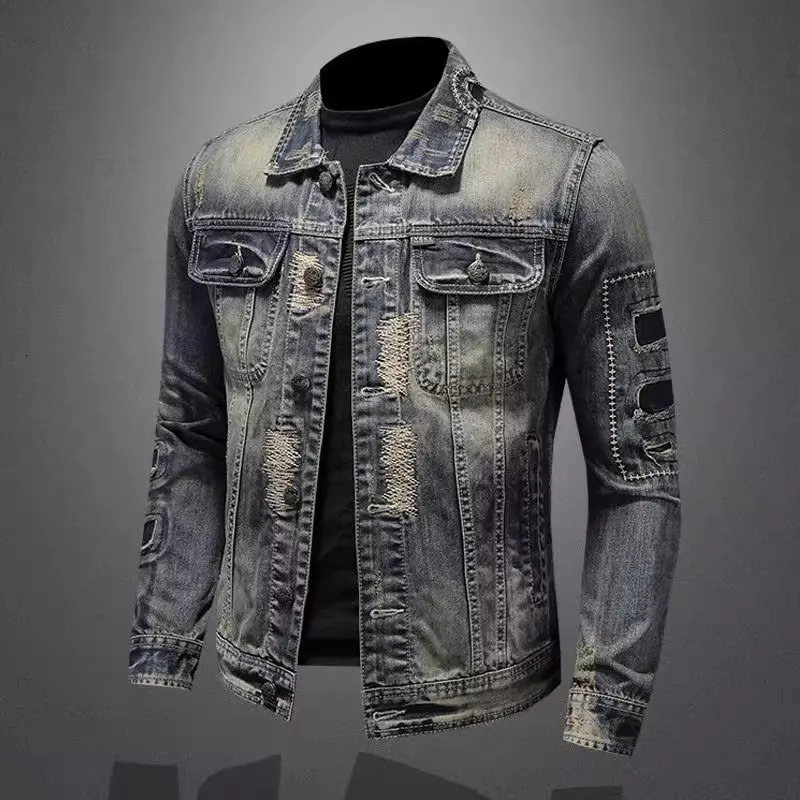 Spring Autumn Fashion Trend Ripped Vintage Jeans Jacket Men's Casual Loose Comfortable High Quality Denim Coat 261012