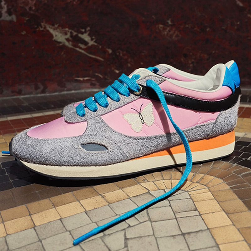 New Sneakers Designer Unisex Runway Split Leather Nylon With Butterfly Embroidery Woman Man Winter Autumn Running Shoes Sports Colorful 1219