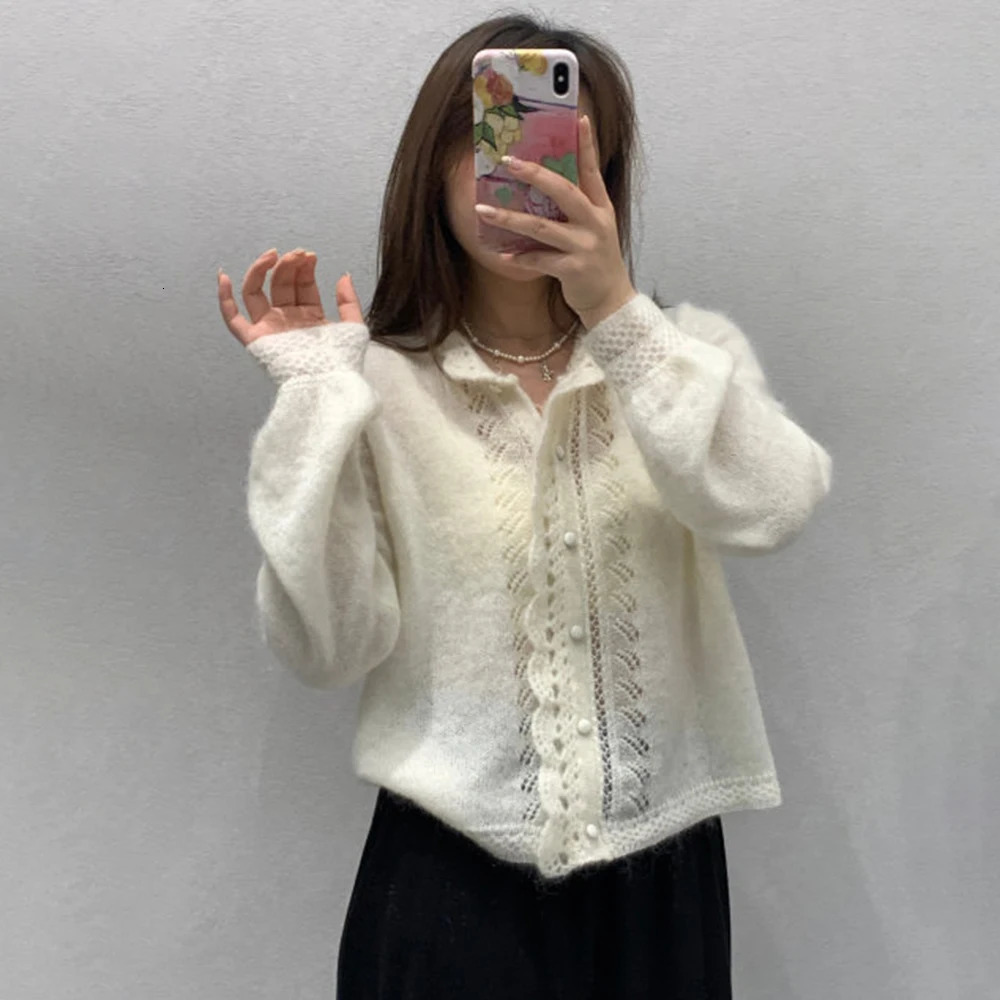 Talenza White Women's Cardigan Fashion Lace Hollow Out Casual Oversized Spring Sweaters Chic Commuter Streetwear Female Jumpers 261015