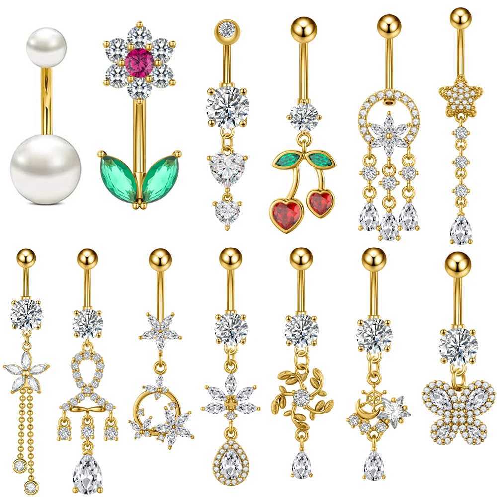1PC Gold Color Series Belly Button Rings Wind Chime Dangled Flower Heart Belly Ring Stainless Steel CZs Navel Piercing Jewelry Q261016