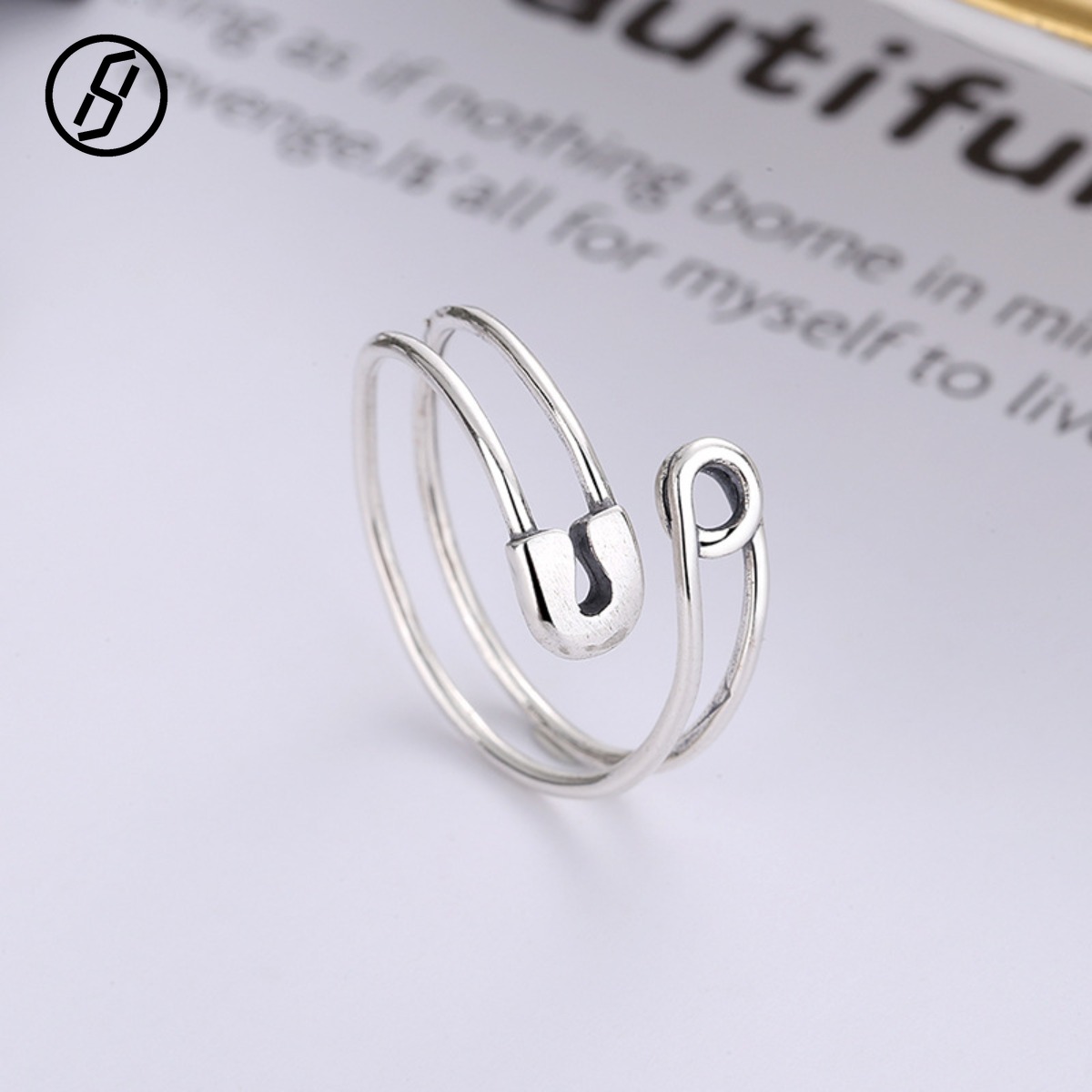 Edgy Safety Pin Cuff Ring Solid S925 Silver Antique Finish Deconstructed Double Band Geometric Ring Y2K Streetwear Gift Designer Ring Wholesale
