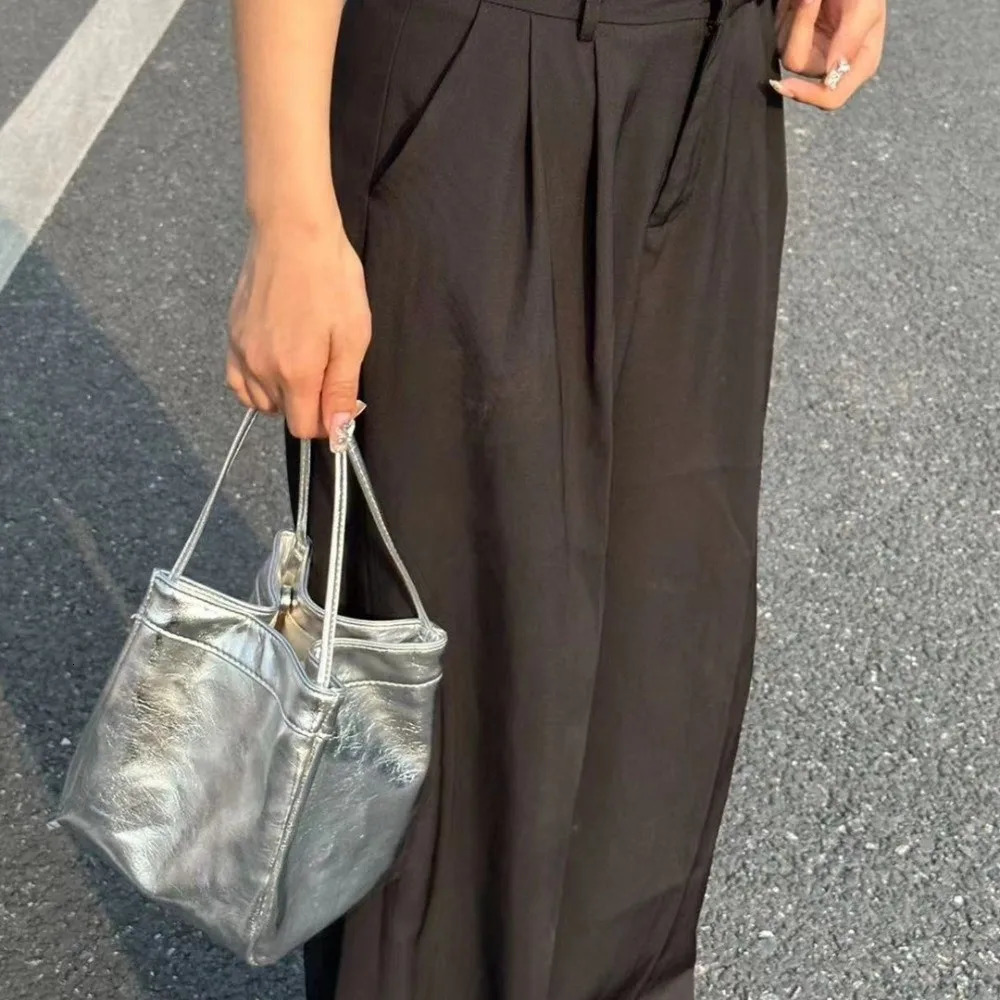 Portable Leather Silver Crossbody Bag Solid Color Large Capacity PU Bucket Bag Handbag Korean Style Shoulder Bag Girls/Female 261016