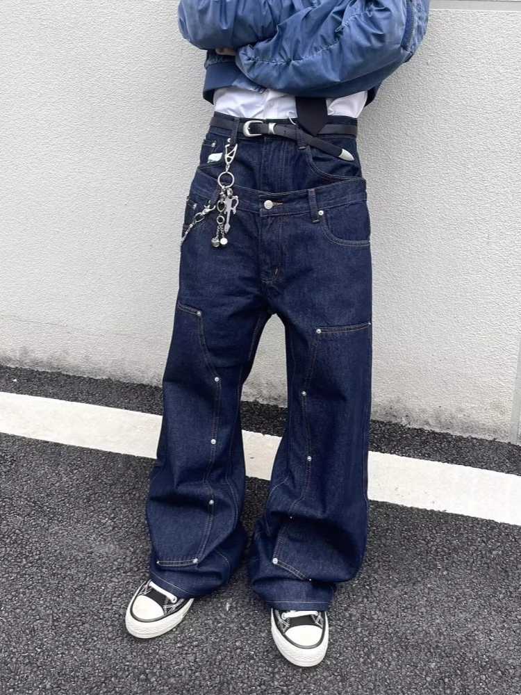 Men's Jeans 2026 Trend Y2K Style Double Waistband Dark Blue Rivet Baggy Cargo Jeans Pants For Men Clothing Luxury Denim Trousers Ropa HombreT26