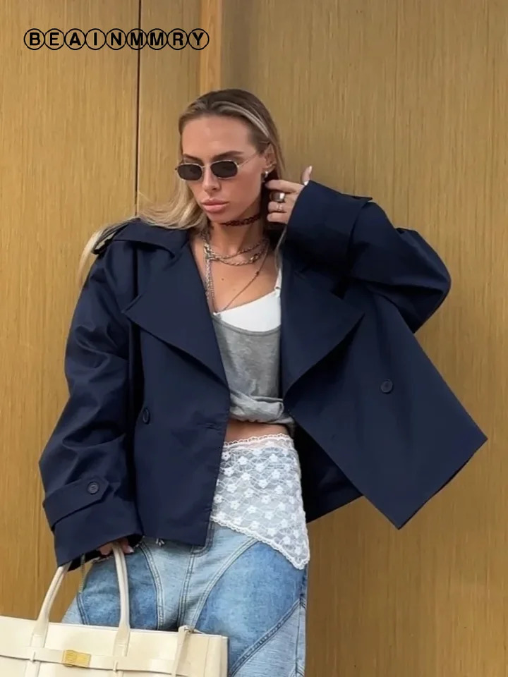 Khaki Lace Up Windbreaker 2026 Women Elegant Full Sleeve Button Loose Chic Long Coat Office Lady Daily Commute Overcoat 261016
