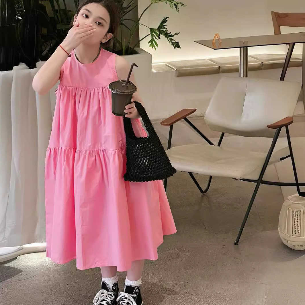 Dresses Girls Korean Children Clothing 2024 Summer New Fashion Cotton Solid Sleeveless O-neck A-line Cute Princess Kids Dress S261016RTXX