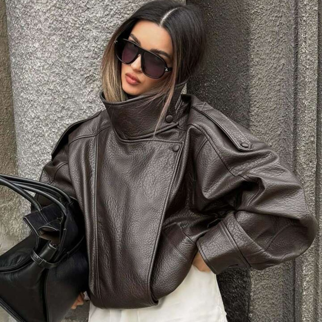 Hot selling European and American style women's clothing,vintage temperament lychee pattern long-sleeve pu leather jacket