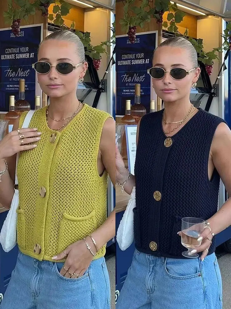 HH Womens Vintage Retro Sweater Vest Sleeveless Waistcoat Buttons Knitted Top Fashion Casual Daily Wear Elegant Solid Streetwear 261009