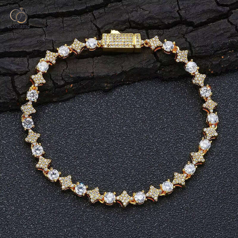 NUOYA 6mm High Quality Round CZ Dia Gold Sier Star Shape Tennis Chain Bracelet for Women Bling Hip Hop FineJewelry