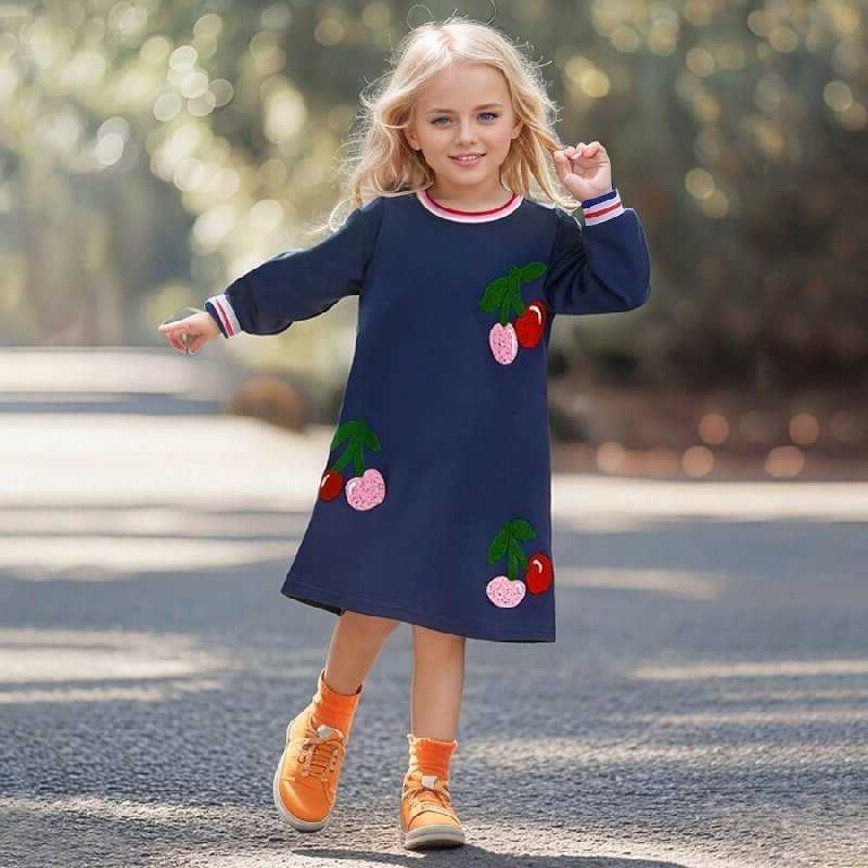 maven Little Spring Autumn Cute Cherry Towel Embroidery Baby Girls Dresses Casual Kids Clothes Girl Long Sleeve Princess Dress S261016373I