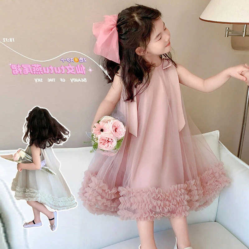 Summer 2025 Girls Princess Dress Solid Color Bowknot Mesh Sleeveless Party Dress For 2 3 4 5 6 8 10 Years Fashion Ball Gown S261016XOP3