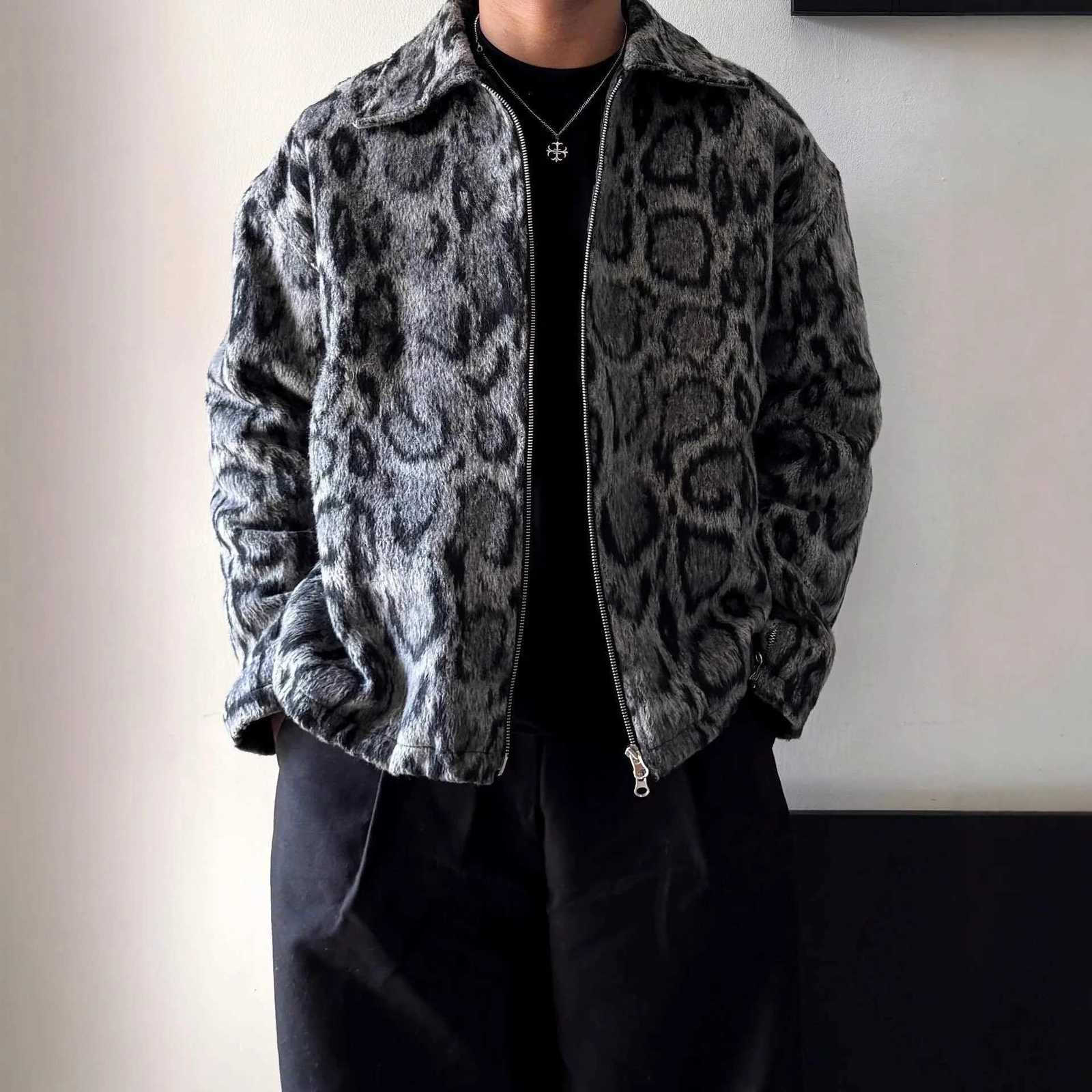 American Men's Jackets European and Zip Up Leopard Print Men's Jacket Baggy Streetwear Casual Coat Personality Vintage Outerwear Black N26